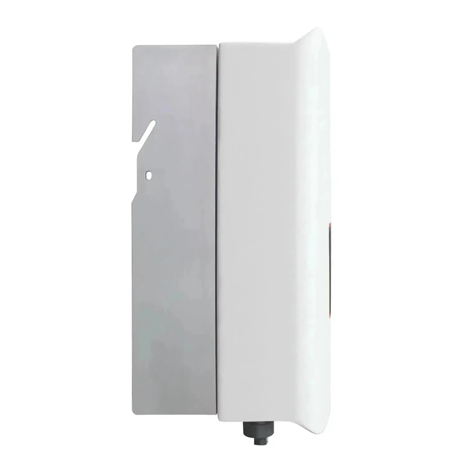 White and gray wall-mounted solar inverter with cable entry port at bottom, product packaging shot.