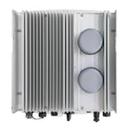 Top-down view of white grid-tie inverter with vertical heat sink fins, two circular connectors on right side, and cable ports