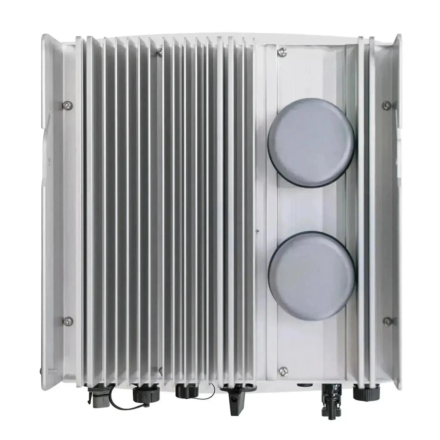 Top-down view of white grid-tie inverter with vertical heat sink fins, two circular connectors on right side, and cable ports