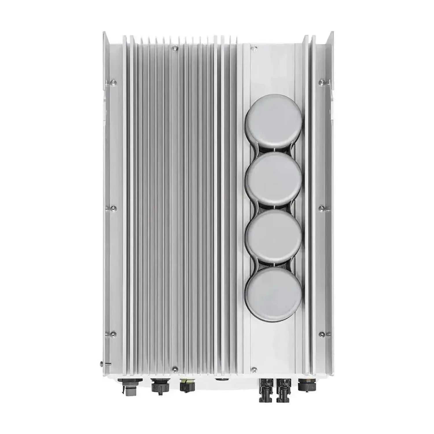Top-down view of a silver rectangular inverter with vertical heat sink fins, four circular connectors on the right side, and 
