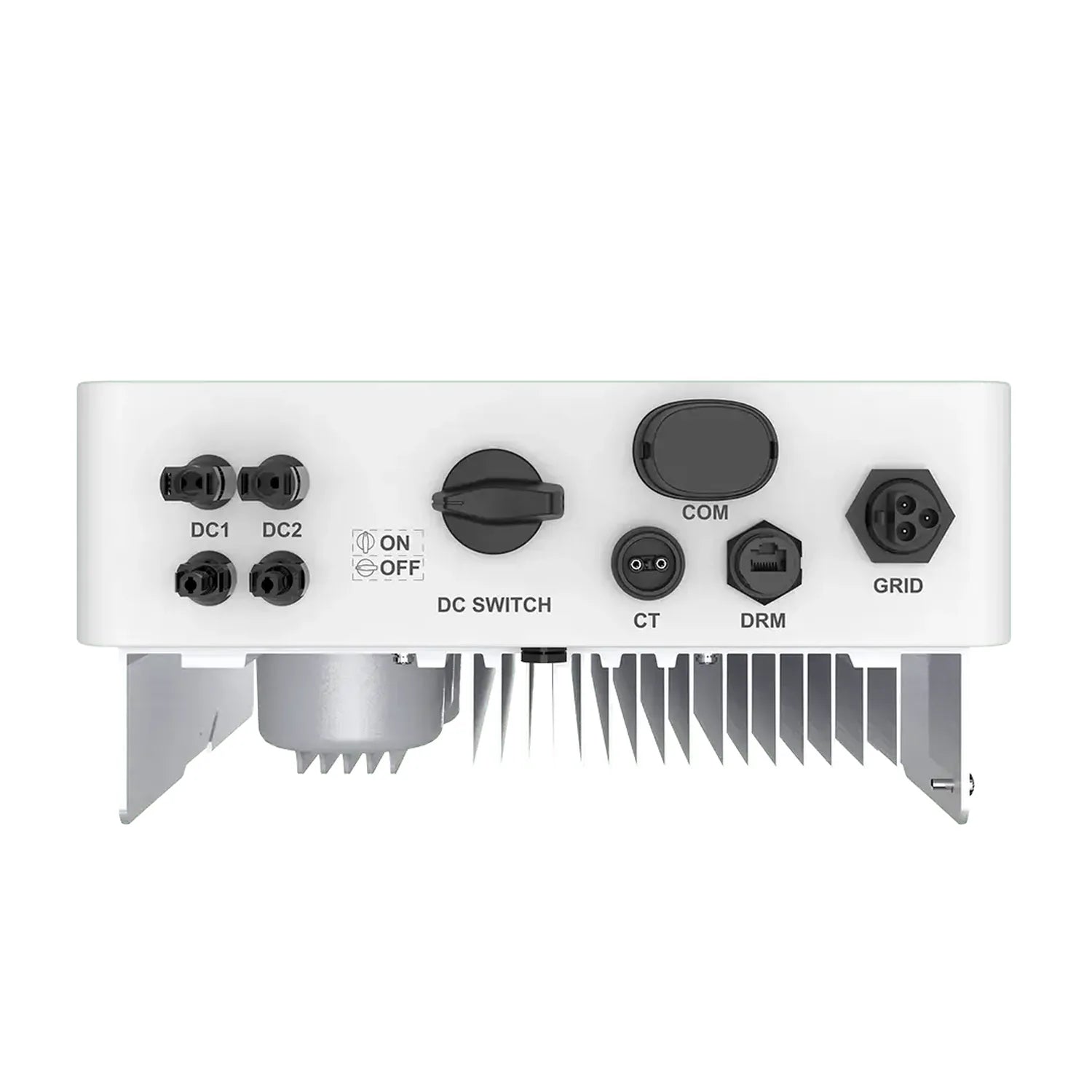 Top view of Solis 5kW solar inverter showing DC input terminals, ON/OFF switch, COM port, CT sensor, DRM connector, and GRID 