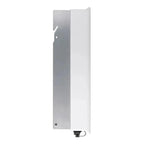 Tall rectangular white and gray grid-tie inverter with handle and bottom power connection port, product view on white backgro