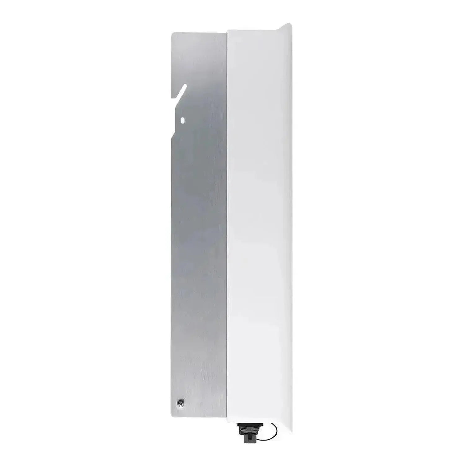 Tall rectangular white and gray grid-tie inverter with handle and bottom power connection port, product view on white backgro