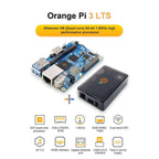 Orange Pi 3 LTS single-board computer with processor specs and black protective case, shown with component icons below.
