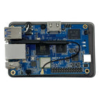 Blue circuit board with H6 processor, USB and Ethernet ports, mounted in black plastic case.