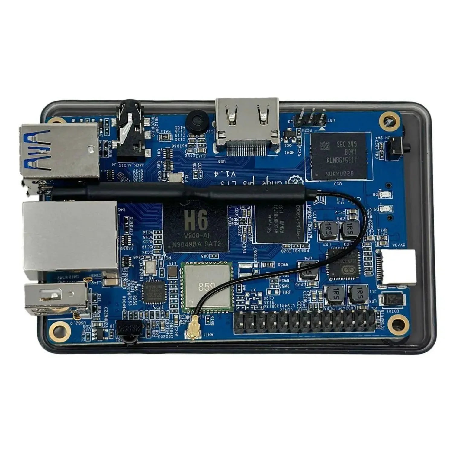 Blue circuit board with H6 processor, USB and Ethernet ports, mounted in black plastic case.