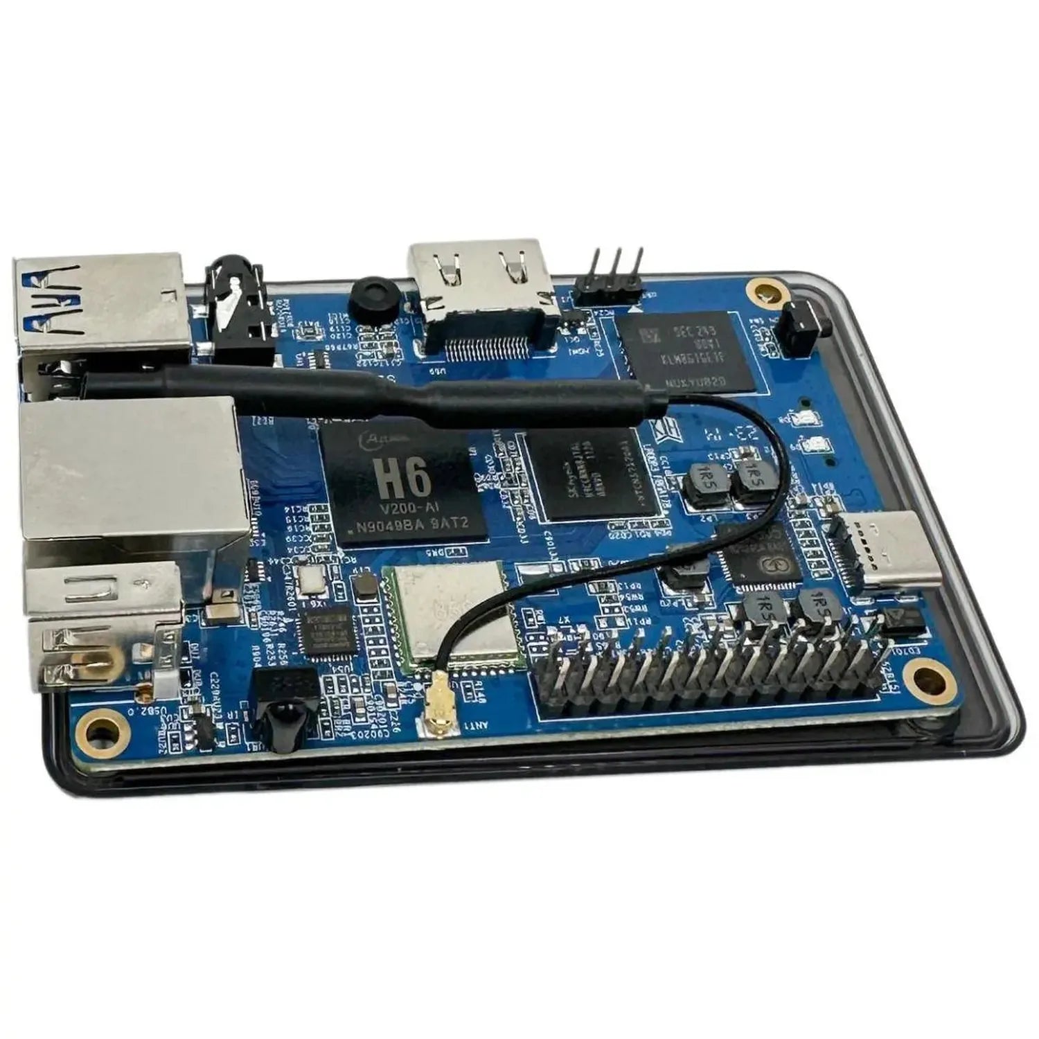 Blue circuit board with H6 processor, USB ports, Ethernet jack, and GPIO header pins in black plastic enclosure.