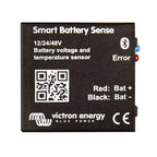 Victron Smart Battery Sense device, black rectangular unit with Bluetooth symbol, QR code, battery terminal connections, and 