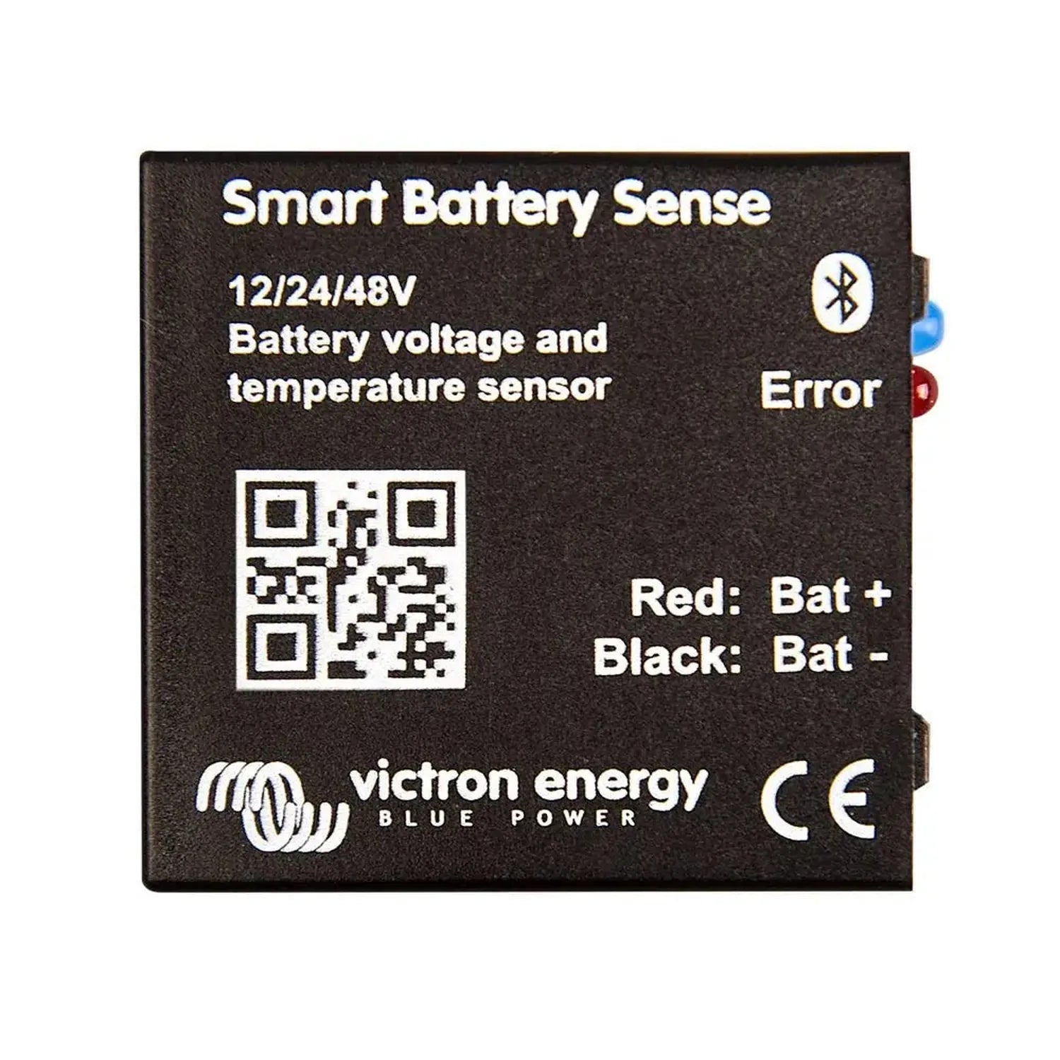 Victron Smart Battery Sense device, black rectangular unit with Bluetooth symbol, QR code, battery terminal connections, and 