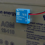 Victron Energy Smart Battery Sense blue wireless sensor with black and red battery terminals and Bluetooth indicator, display