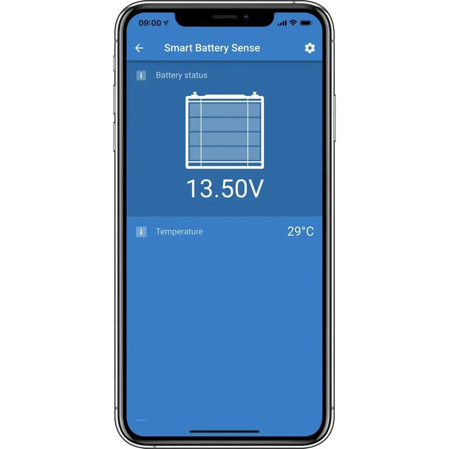 Smartphone displaying Smart Battery Sense app showing battery status of 13.50V and temperature of 29°C with battery icon grap