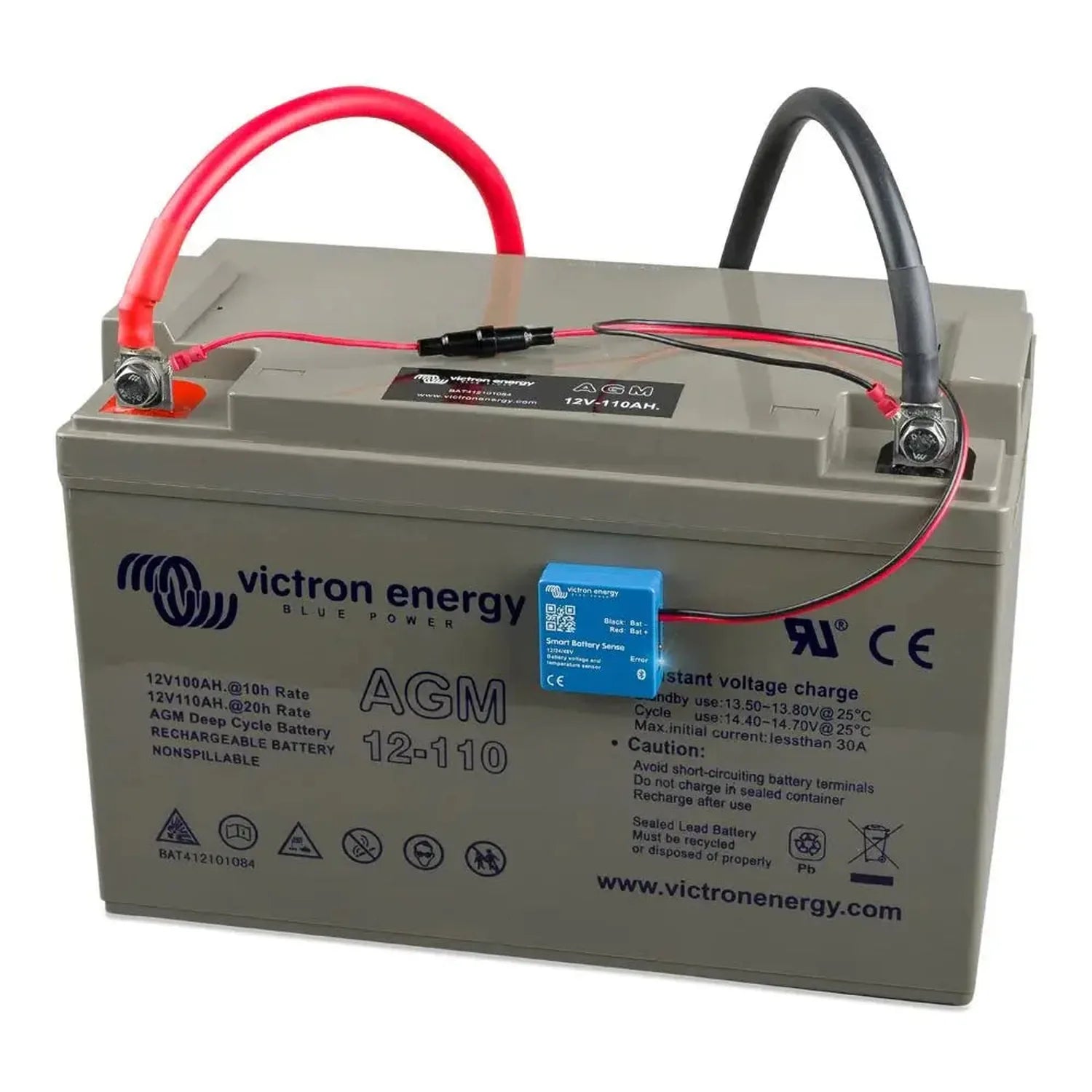 Victron Energy 12V 100AH AGM deep cycle battery with red and black cable connectors and blue smart monitoring module attached