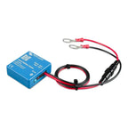 Blue battery sensor with QR code and LED indicator, connected to red and black wired leads with ring terminals and connector.