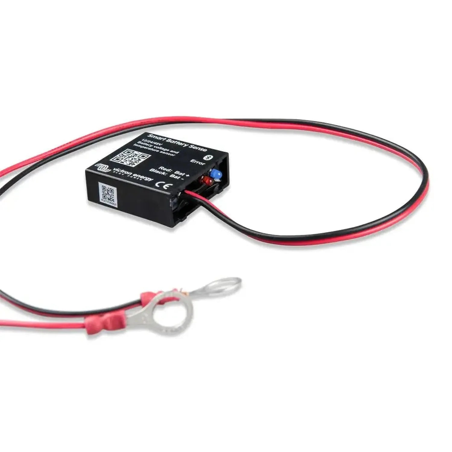 Victron Smart Battery Sense wireless sensor with red and black wires and ring terminal connector on white background.