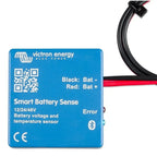 Victron Energy Smart Battery Sense device with blue casing, QR code, and red and black battery cable connectors.