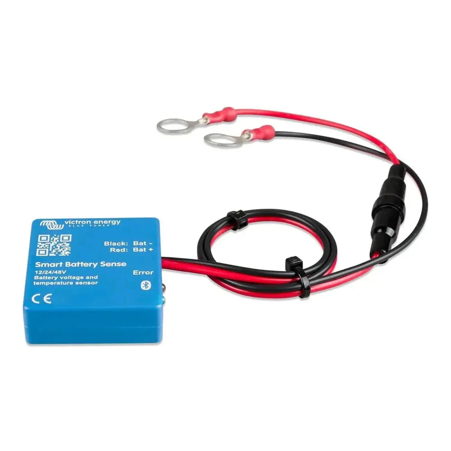 Victron Smart Battery Sense device with red and black cable leads and ring terminals, shown on white background.