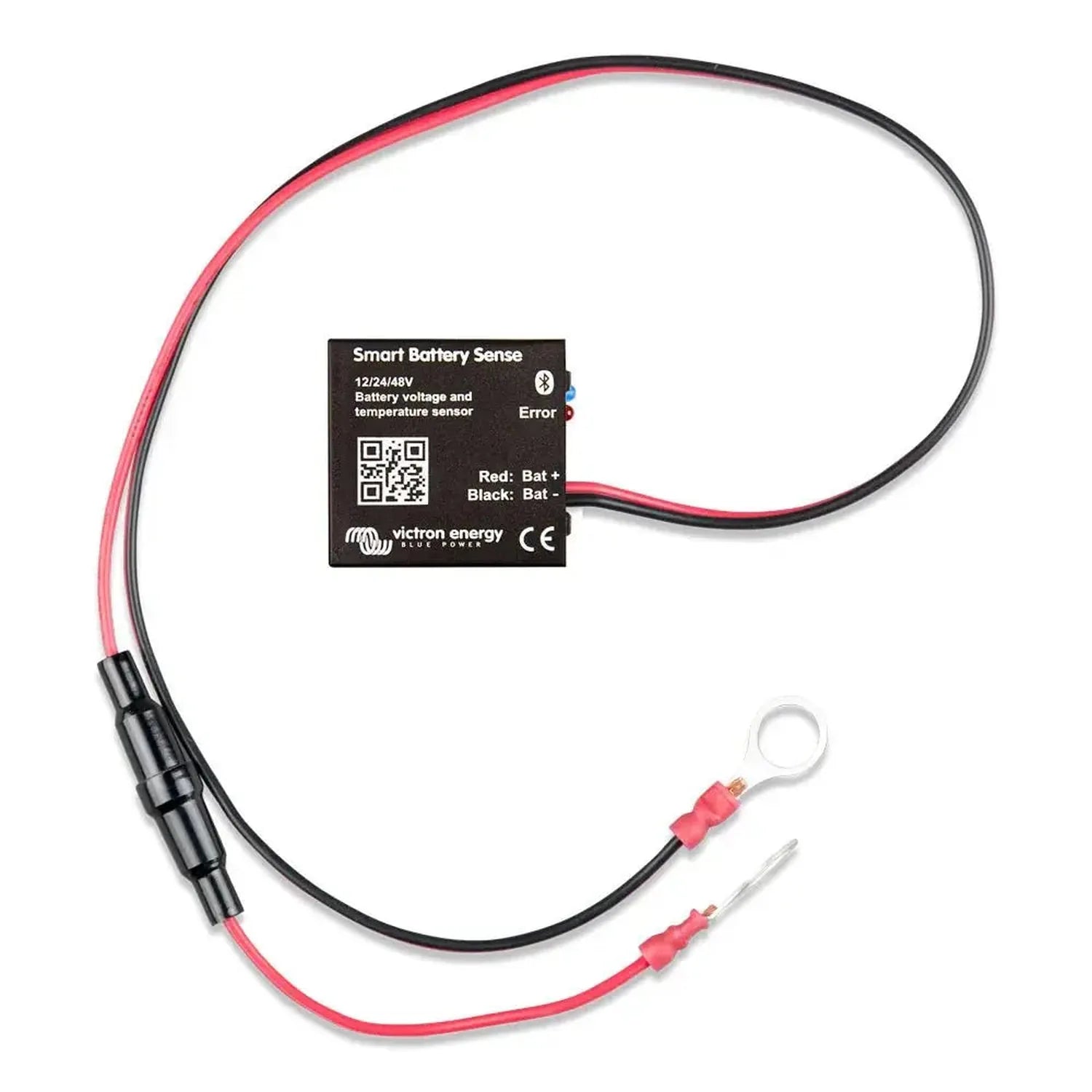 Victron Smart Battery Sense sensor with red and black cable leads and ring terminals, displayed against white background.