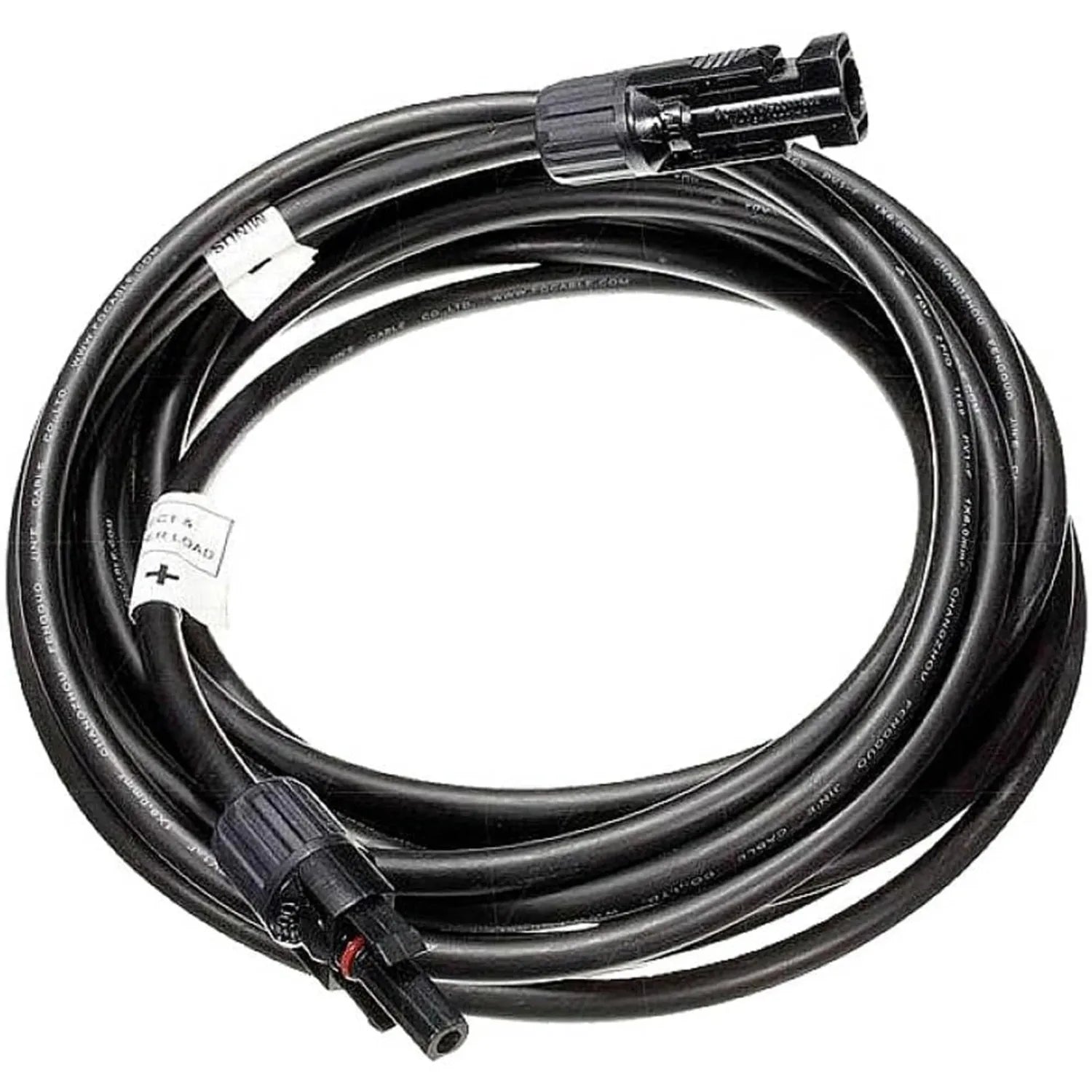 Coiled black solar cable with MC4 connectors at each end and white identification labels, displayed against white background.
