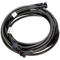 Black solar cable coil with MC4 connectors at each end and white label tags, product shot on white background.