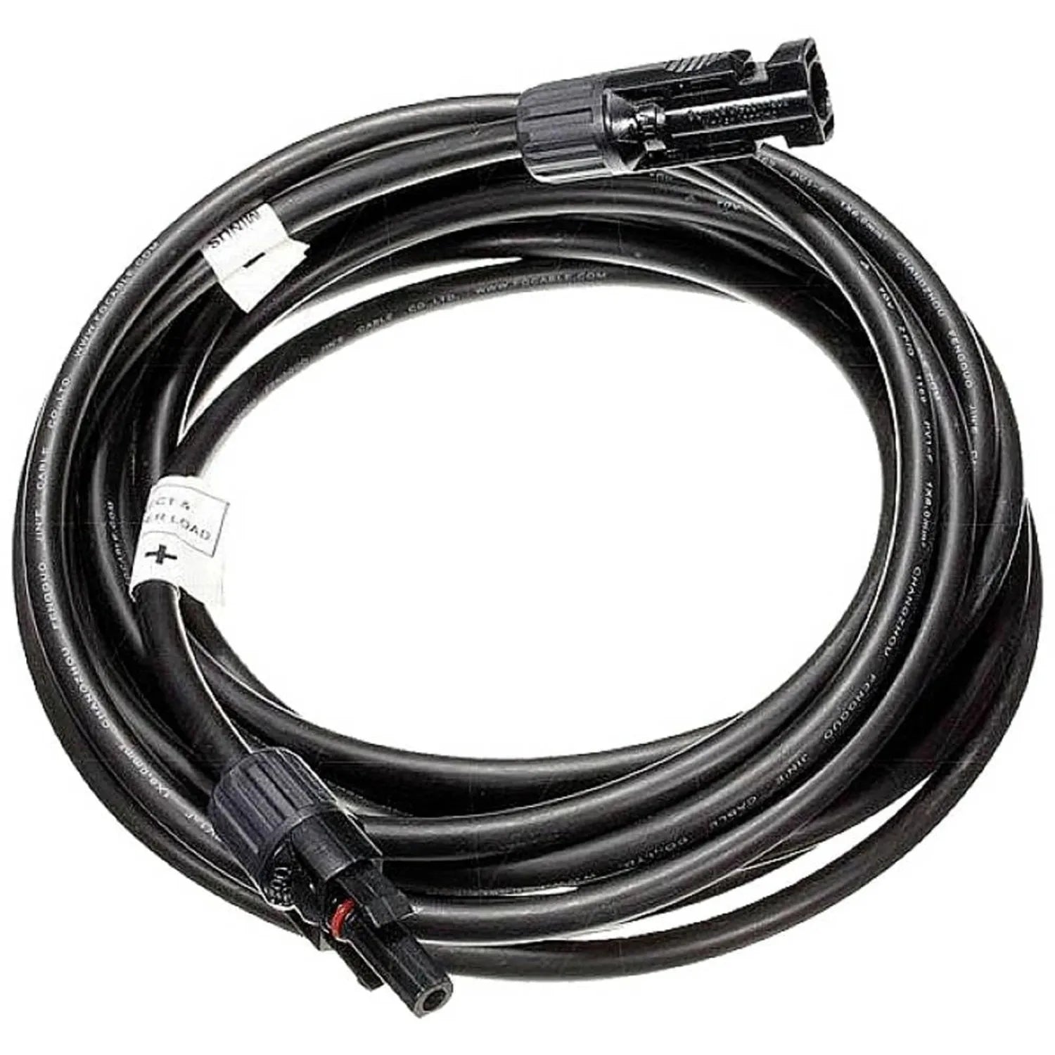 Black solar cable coil with MC4 connectors at each end and white label tags, product shot on white background.