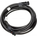 Black solar cable coiled with MC4 connectors at each end and white polarity labels attached to the connectors.