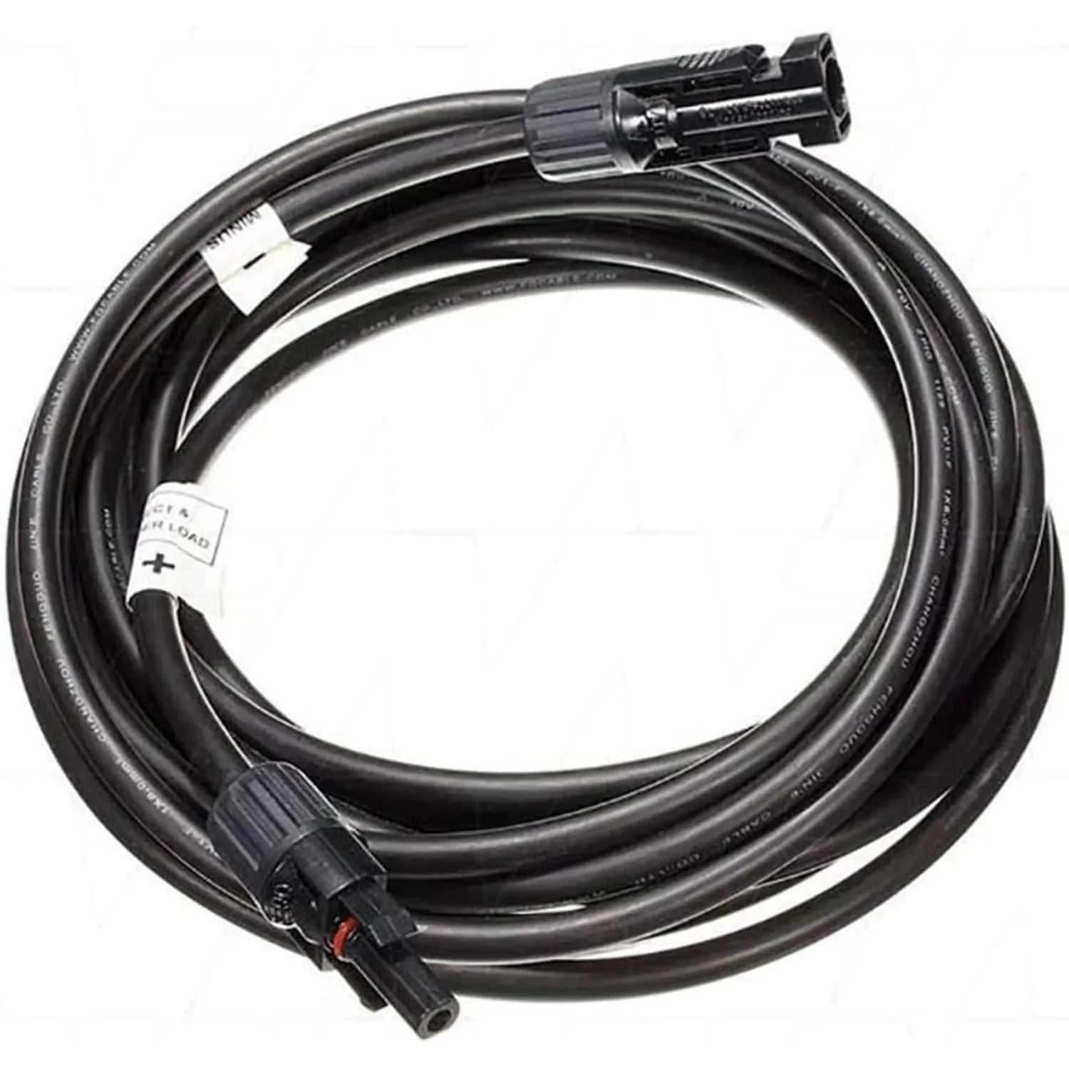 Black solar cable coiled with MC4 connectors at each end and white polarity labels attached to the connectors.