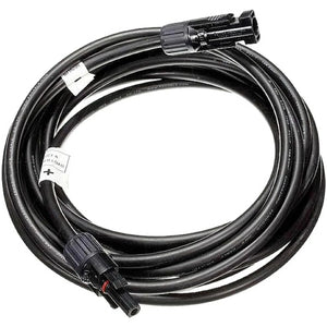 Black coiled solar cable with MC4 connectors at each end and white polarity labels, product photo on white background.