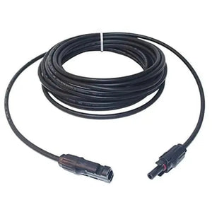Black solar cable with MC4 connectors coiled and extended against white background.