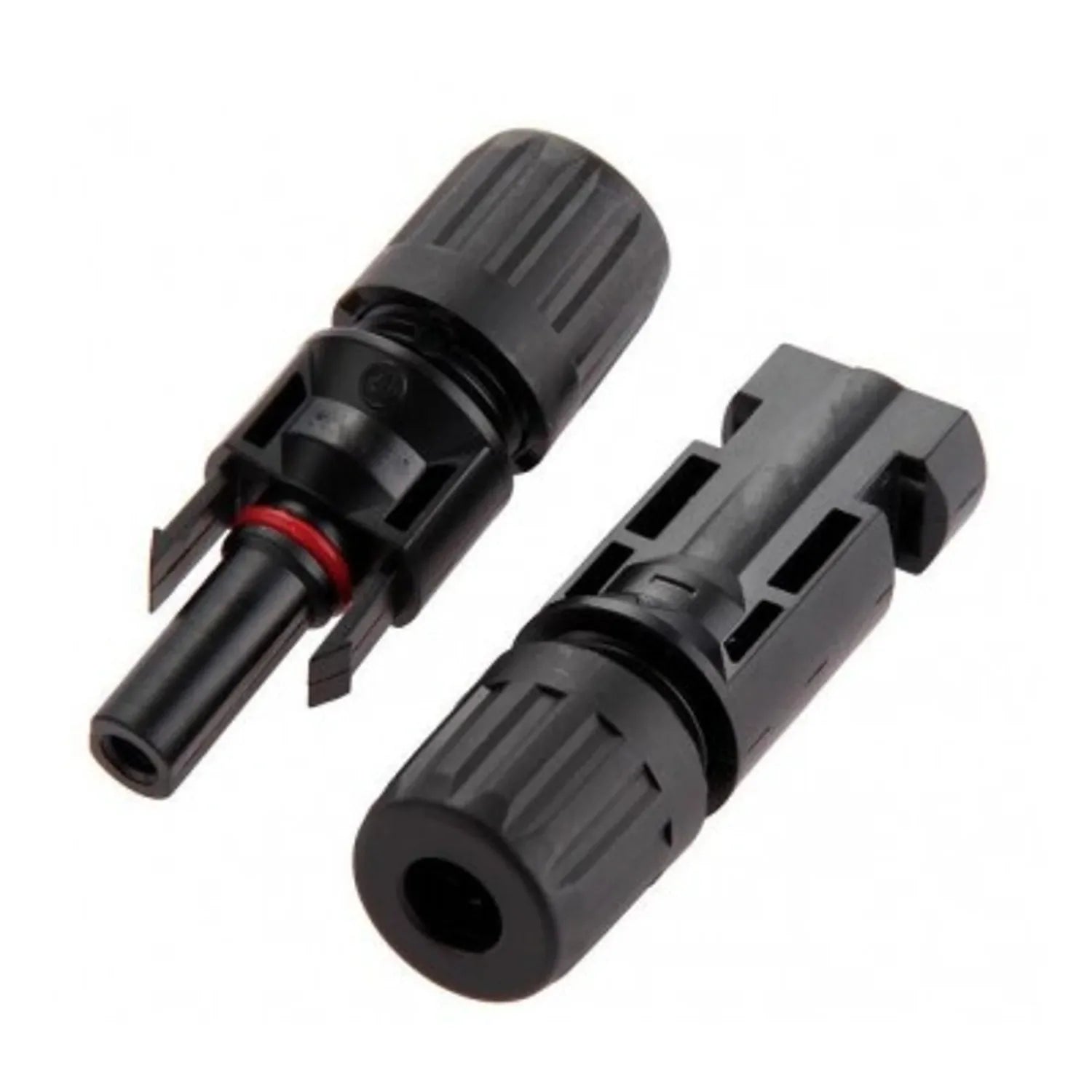 Victron MC4 solar connector pair shown disassembled, displaying male connector with red band and female connector side by sid