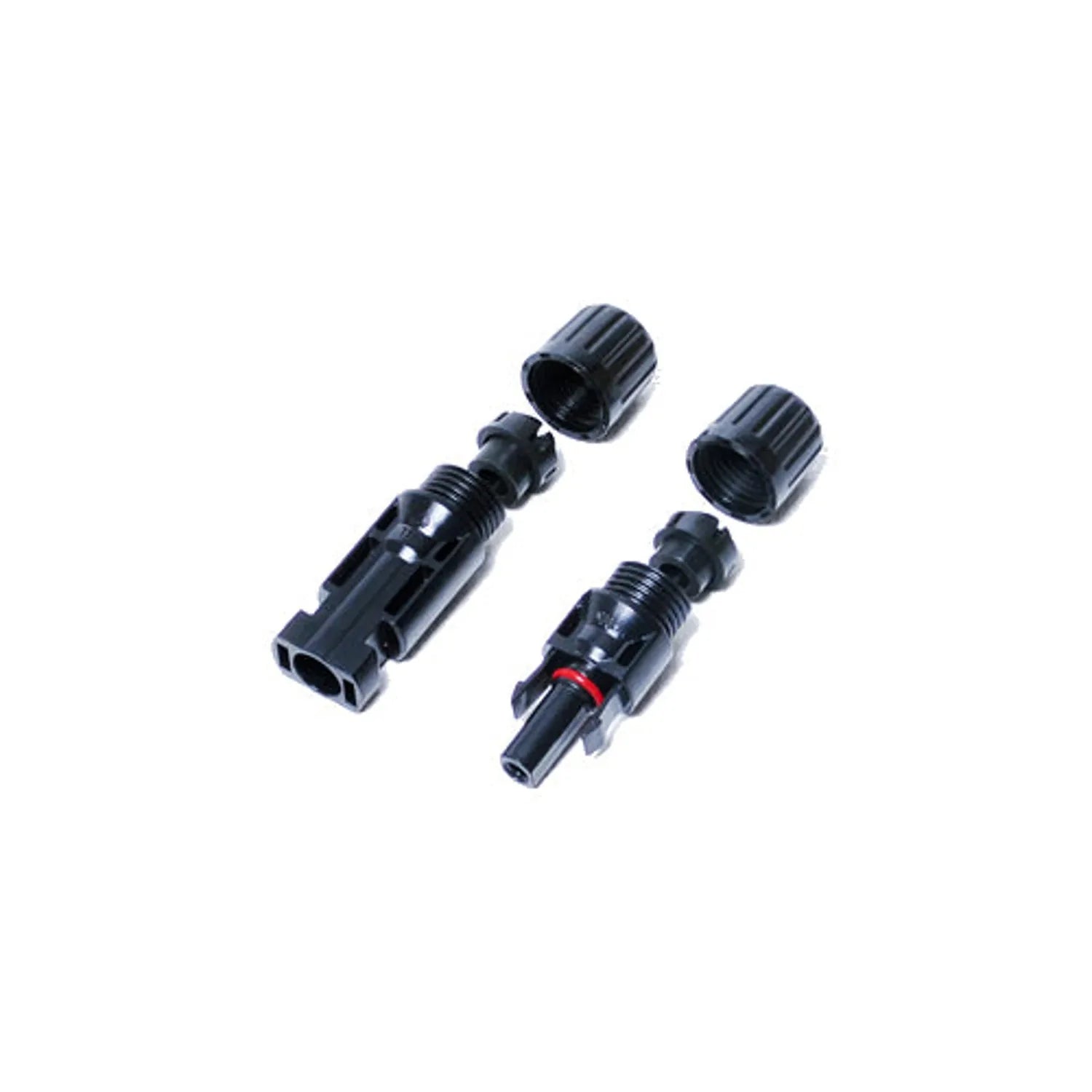 Victron MC4 solar connector pair showing male and female connectors with protective caps, disassembled view.