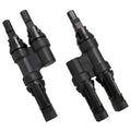 Two black MC4 solar connectors shown side by side, featuring Y-shaped splitter adapters with red indicator marks and cylindri