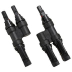 Two black MC4 solar connectors shown side by side, featuring Y-shaped splitter adapters with red indicator marks and cylindri