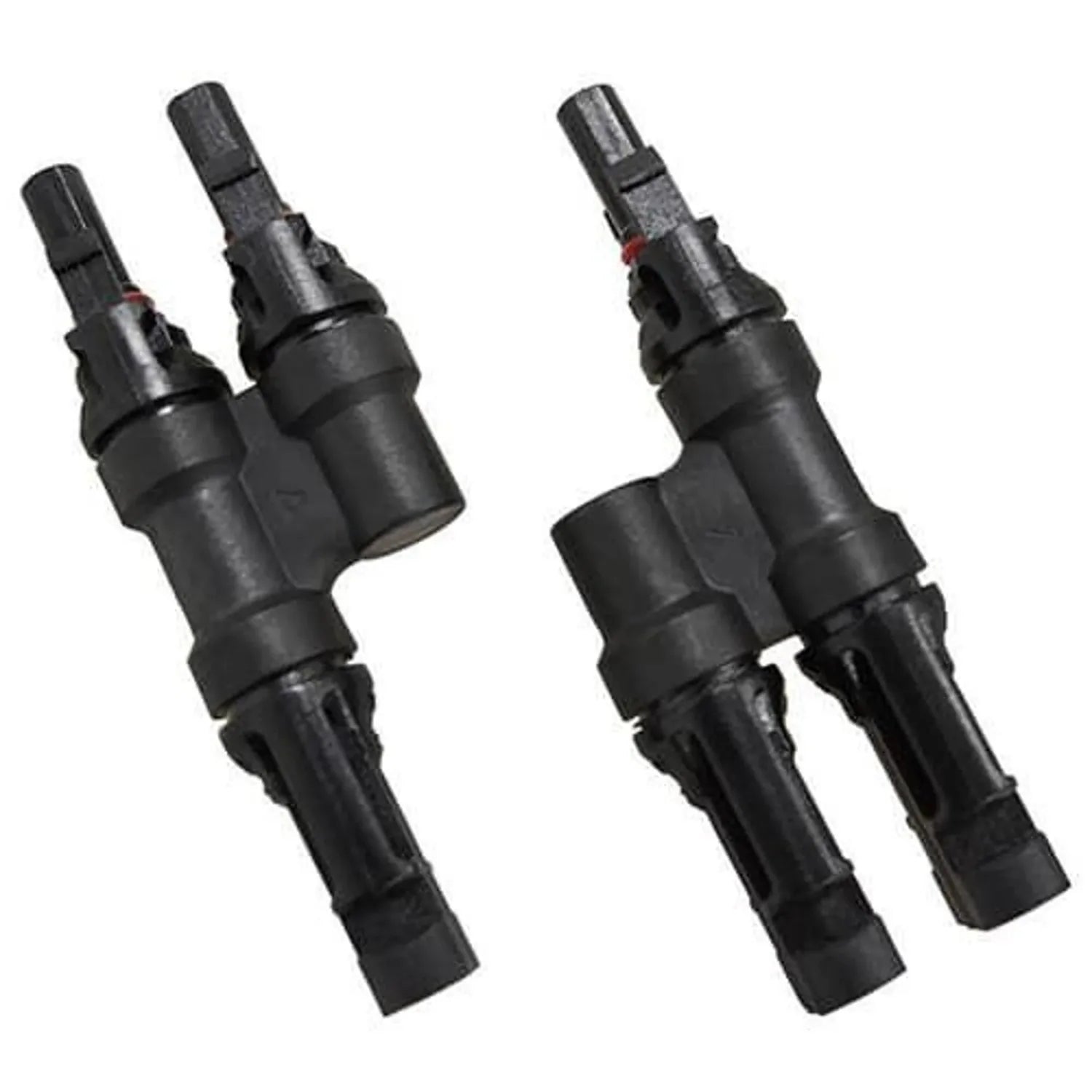 Two black MC4 solar connectors shown side by side, featuring Y-shaped splitter adapters with red indicator marks and cylindri