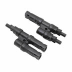 Three black MC4 solar connectors shown at angles, displaying male and female connector pairs for solar panel splitting applic
