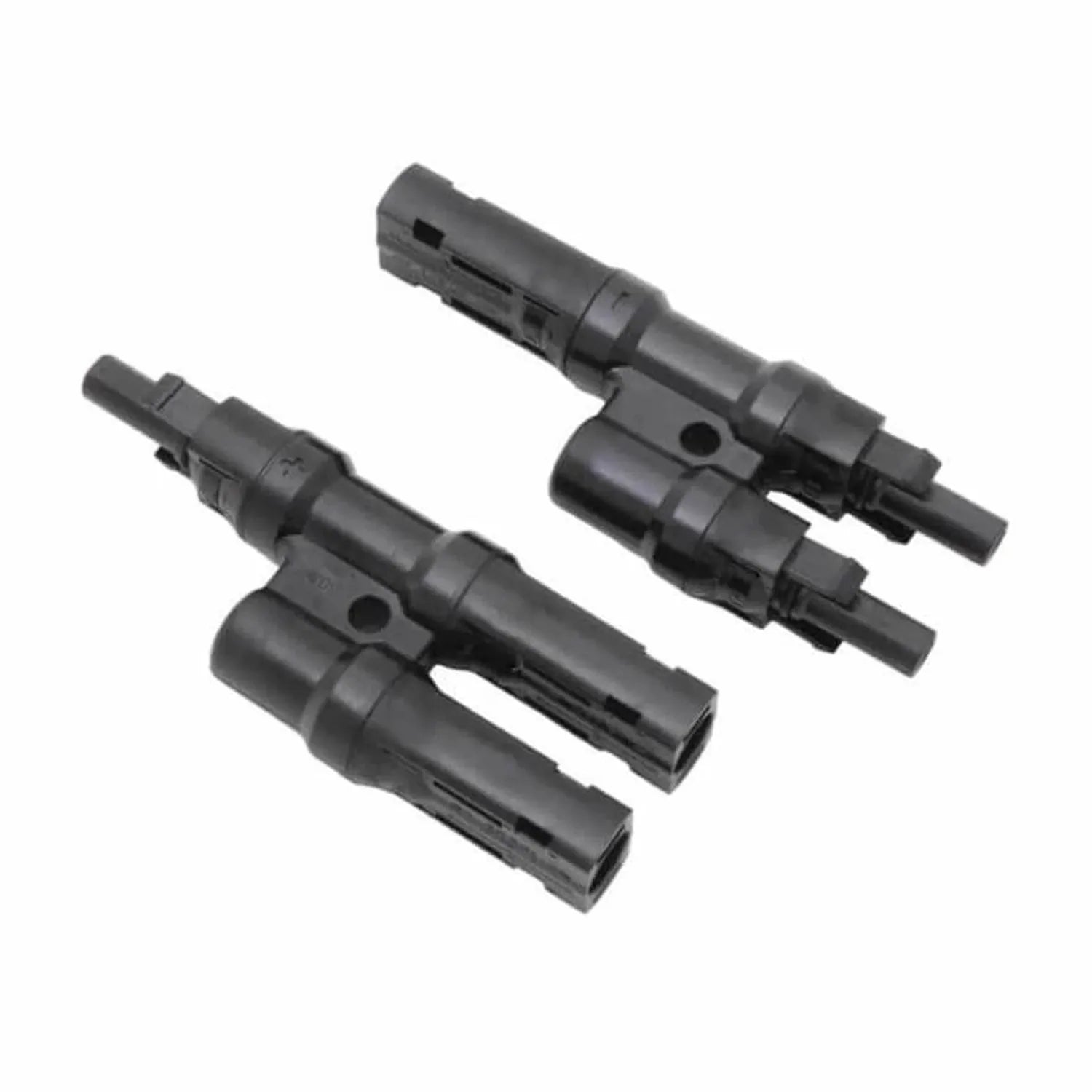 Three black MC4 solar connectors shown at angles, displaying male and female connector pairs for solar panel splitting applic