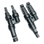 Two black Victron MC4-Y solar splitter connectors shown side by side against white background, displaying male and female con