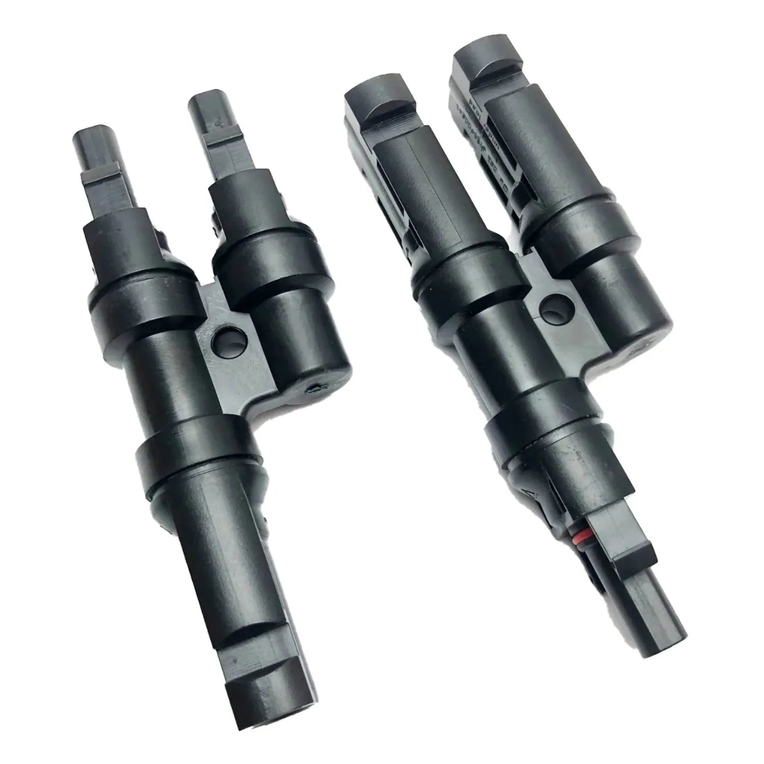Two black Victron MC4-Y solar splitter connectors shown side by side against white background, displaying male and female con