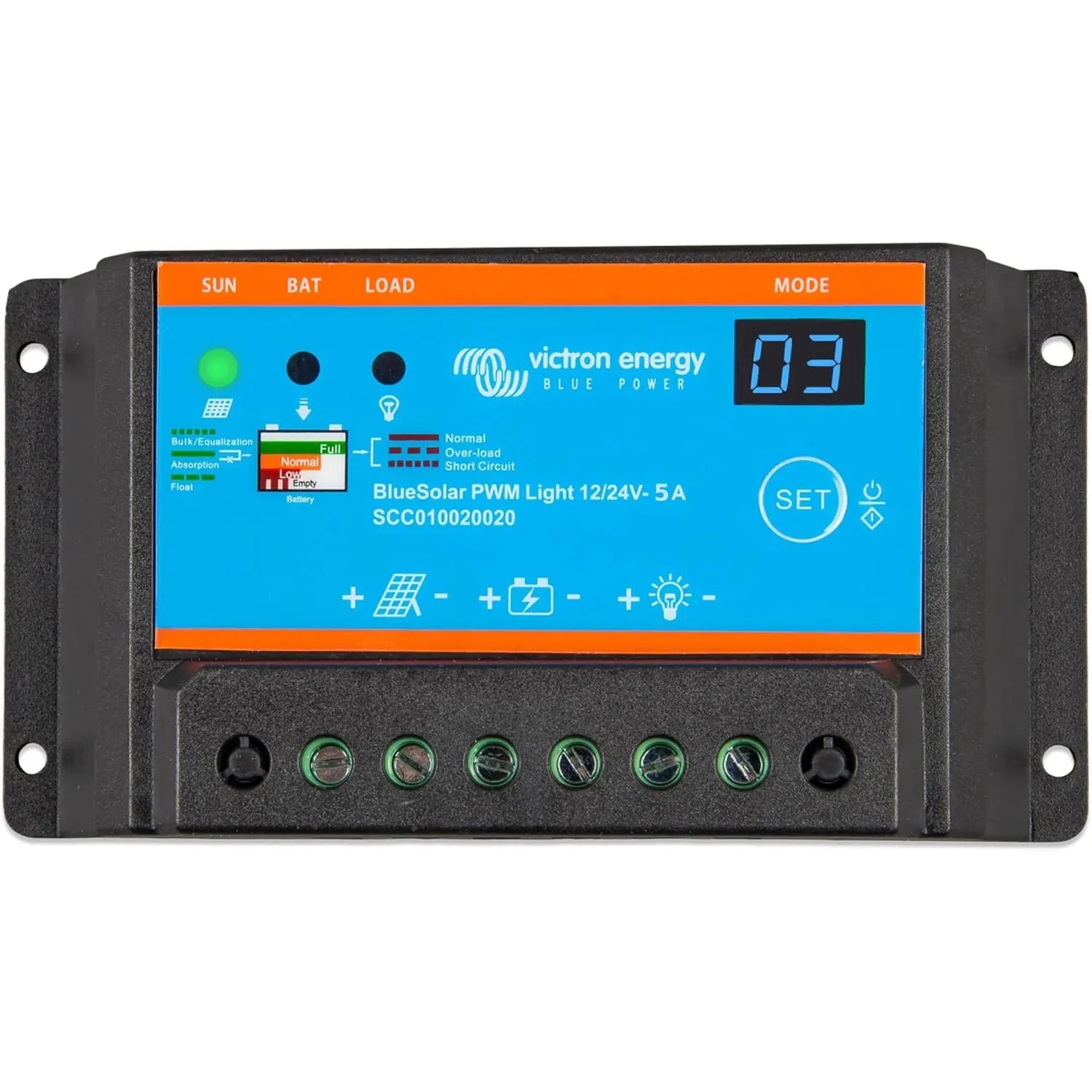 Victron BlueSolar PWM Light charge controller with blue face panel, status indicator lights, and green terminal connectors at