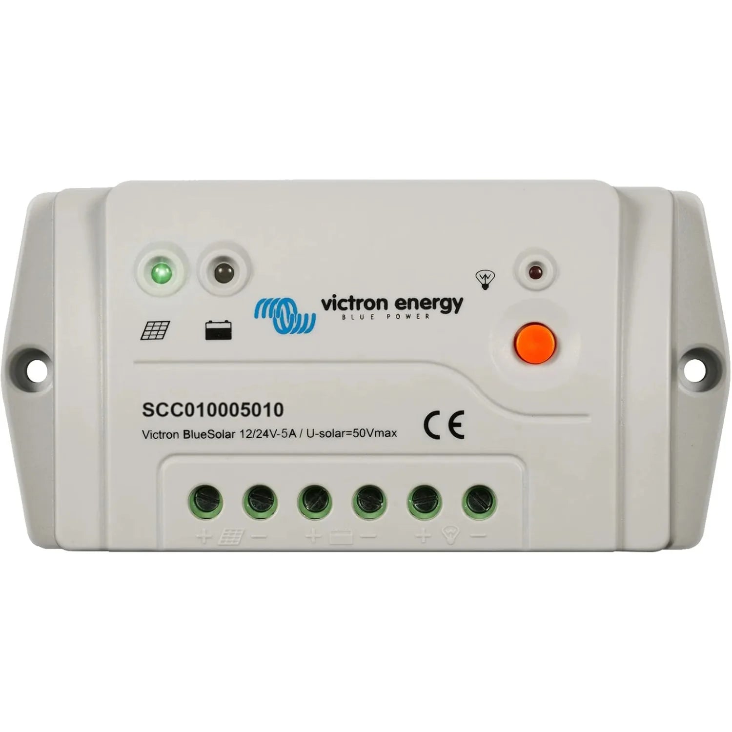 Victron BlueSolar 12/24V-5A solar charge controller with status indicator lights and terminal connections.