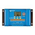 Victron BlueSolar PWM charge controller with blue faceplate, LCD display showing 14.4V, three yellow buttons, USB port, and t
