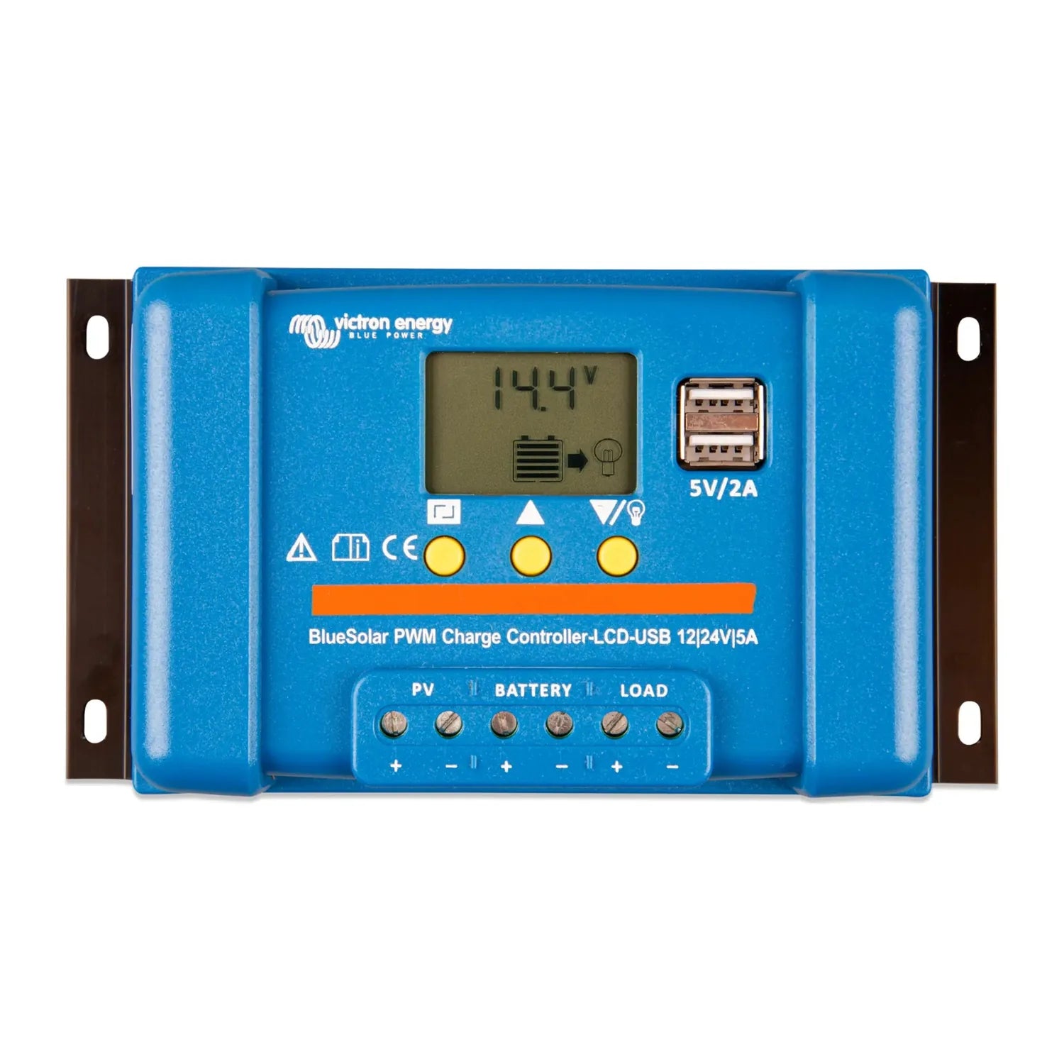 Victron BlueSolar PWM charge controller with blue faceplate, LCD display showing 14.4V, three yellow buttons, USB port, and t