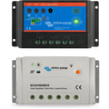 Victron BlueSolar PWM charge controller shown front and back. Top unit displays blue screen with status indicators and green 