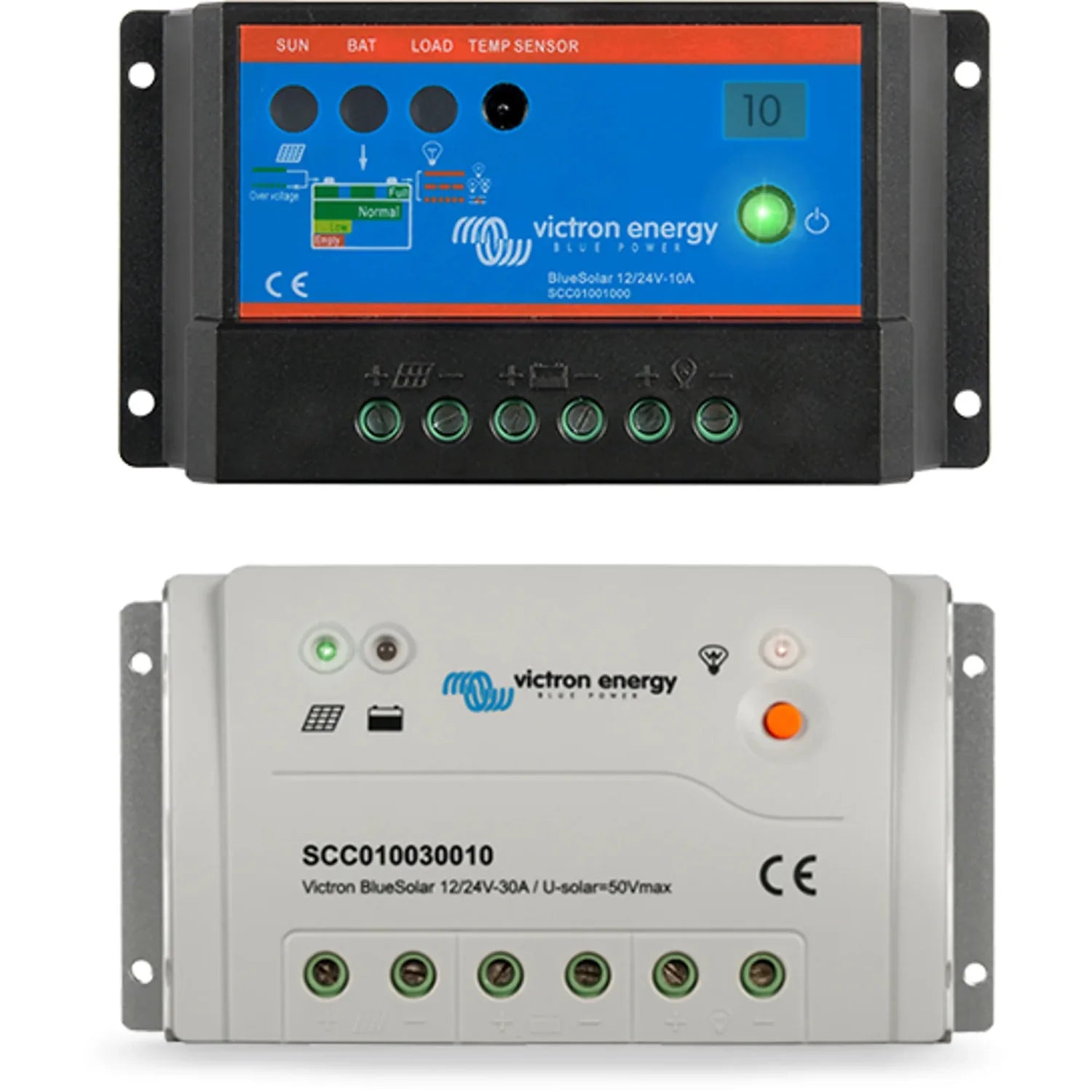 Victron BlueSolar PWM charge controller shown front and back. Top unit displays blue screen with status indicators and green 