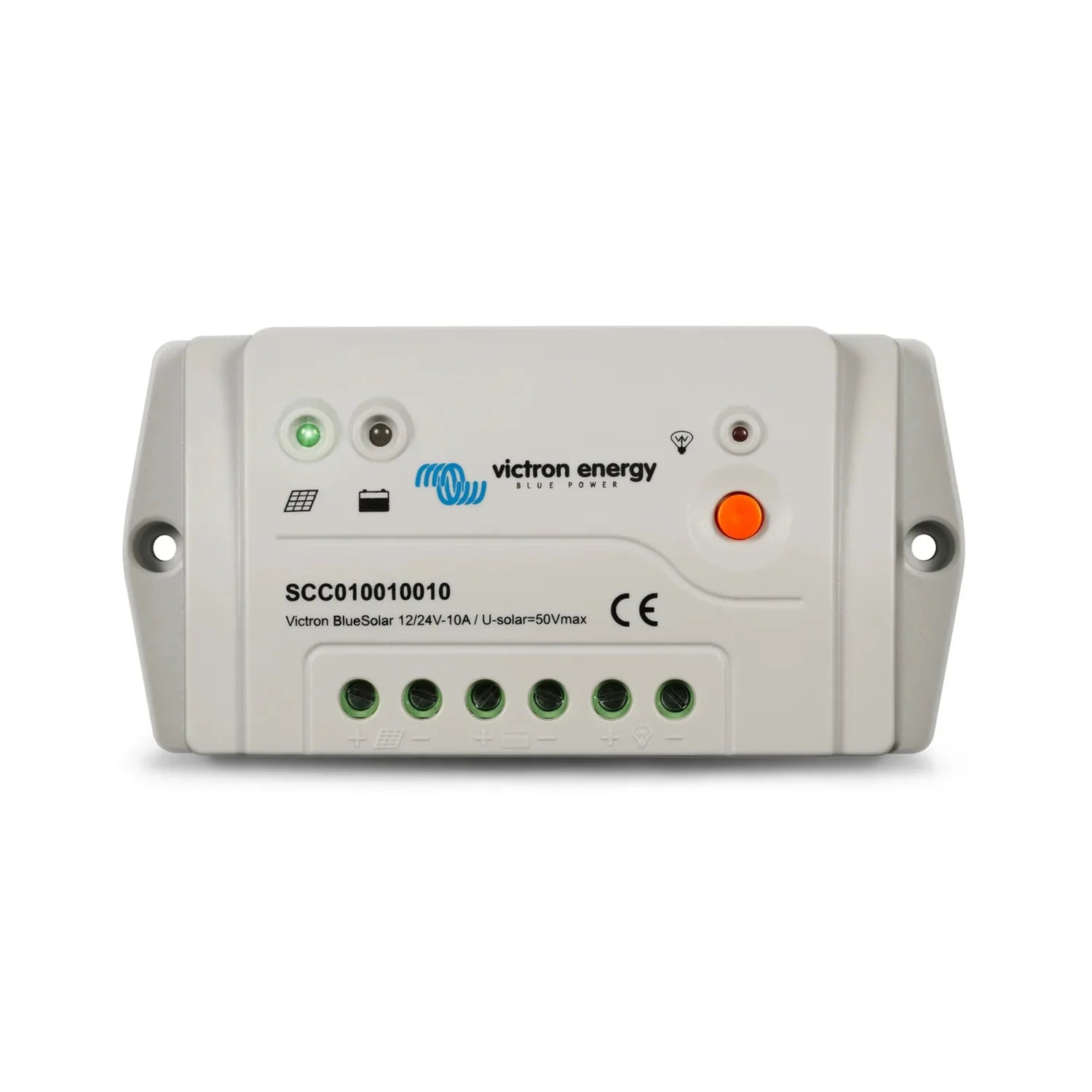 Victron BlueSolar PWM-Pro charge controller with status indicator lights and green terminal connectors on white housing.