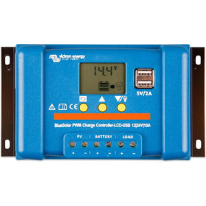Victron BlueSolar PWM charge controller with blue casing, LCD display showing 14.4V, three yellow buttons, USB port, and term