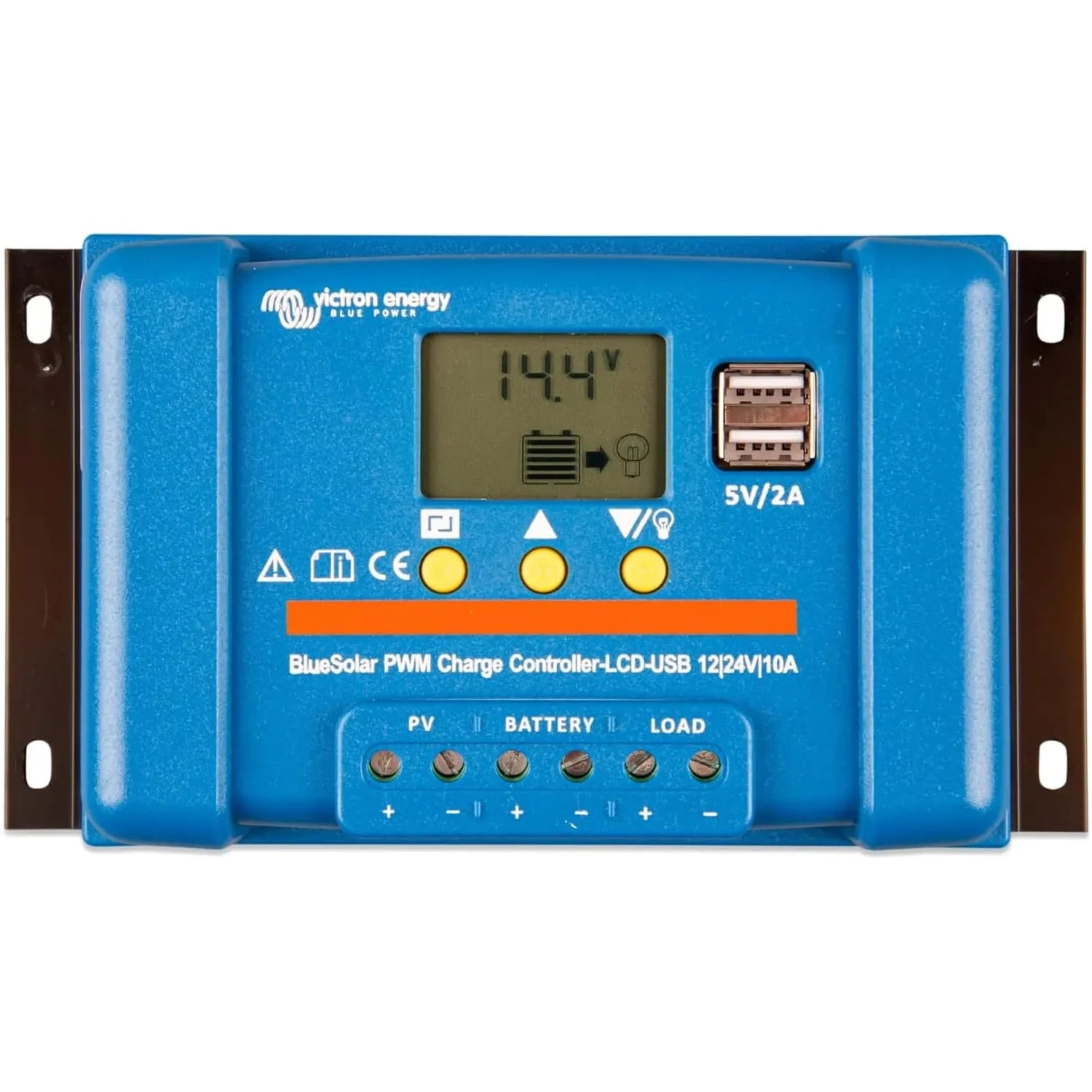 Victron BlueSolar PWM charge controller with blue casing, LCD display showing 14.4V, three yellow buttons, USB port, and term