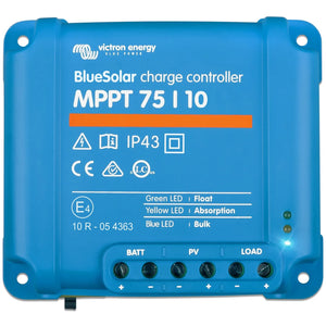 Victron Energy BlueSolar MPPT 75/10 charge controller, blue rectangular device with terminal connections and status LEDs.
