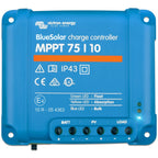 Victron BlueSolar MPPT 75/10 charge controller, blue case with terminal connections and status LED indicators visible on fron