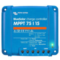 Victron BlueSolar MPPT 75/15 charge controller, blue device with terminal connections and LED indicators visible.