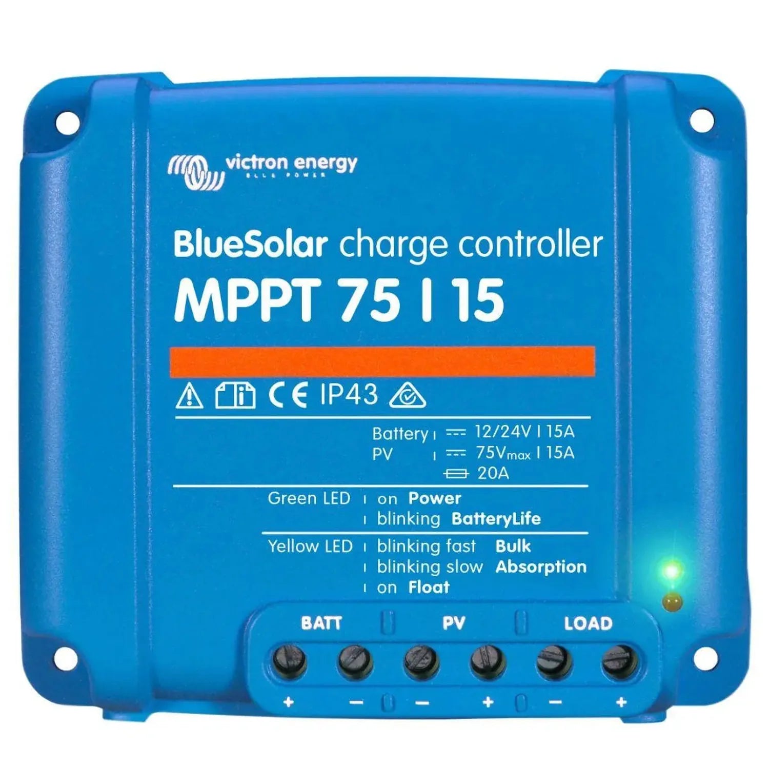 Victron BlueSolar MPPT 75/15 charge controller, blue device with terminal connections and LED indicators visible.